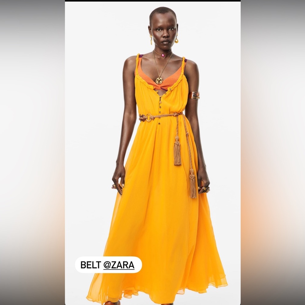 ZARA SILK BLEND DRESS BRAIDED STRAPS LIMITED EDITION YELLOW SIZE S with new belt